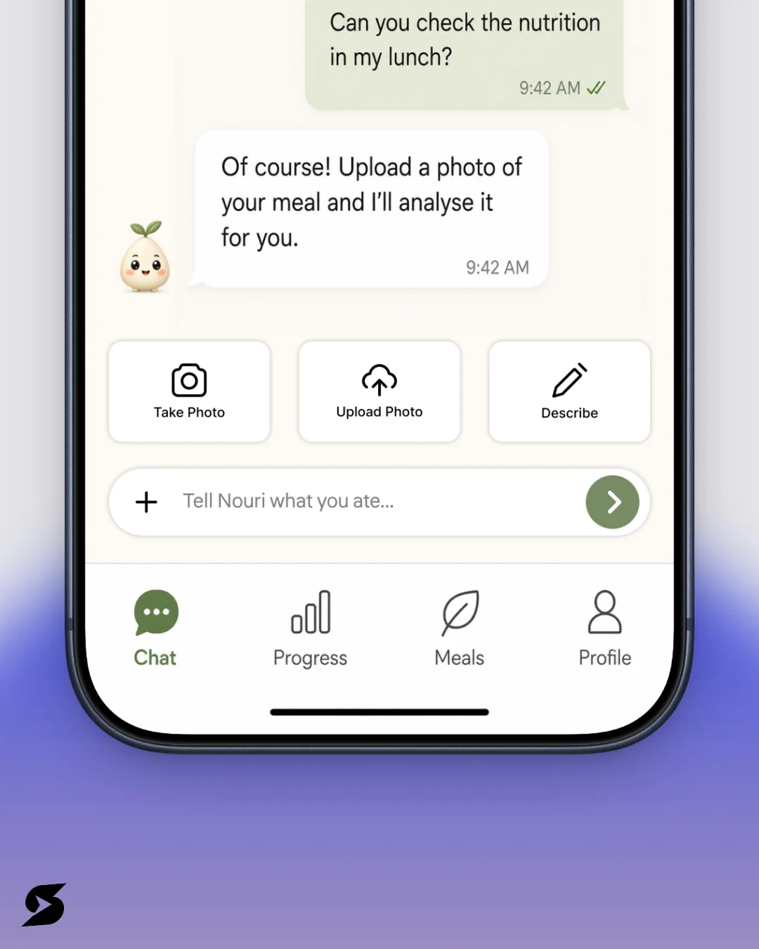 Nouri mobile app meal photo upload options and navigation Nouri mobile app meal photo upload options and navigation