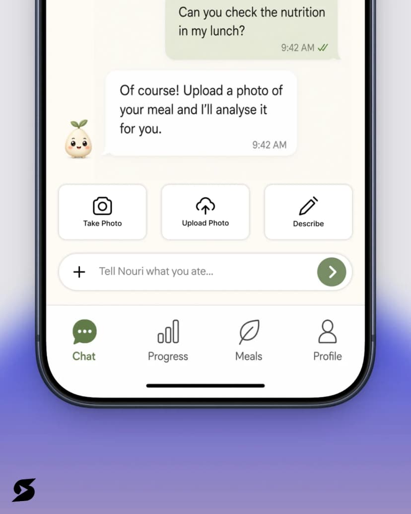Nouri mobile app meal photo upload options and navigation Nouri mobile app meal photo upload options and navigation