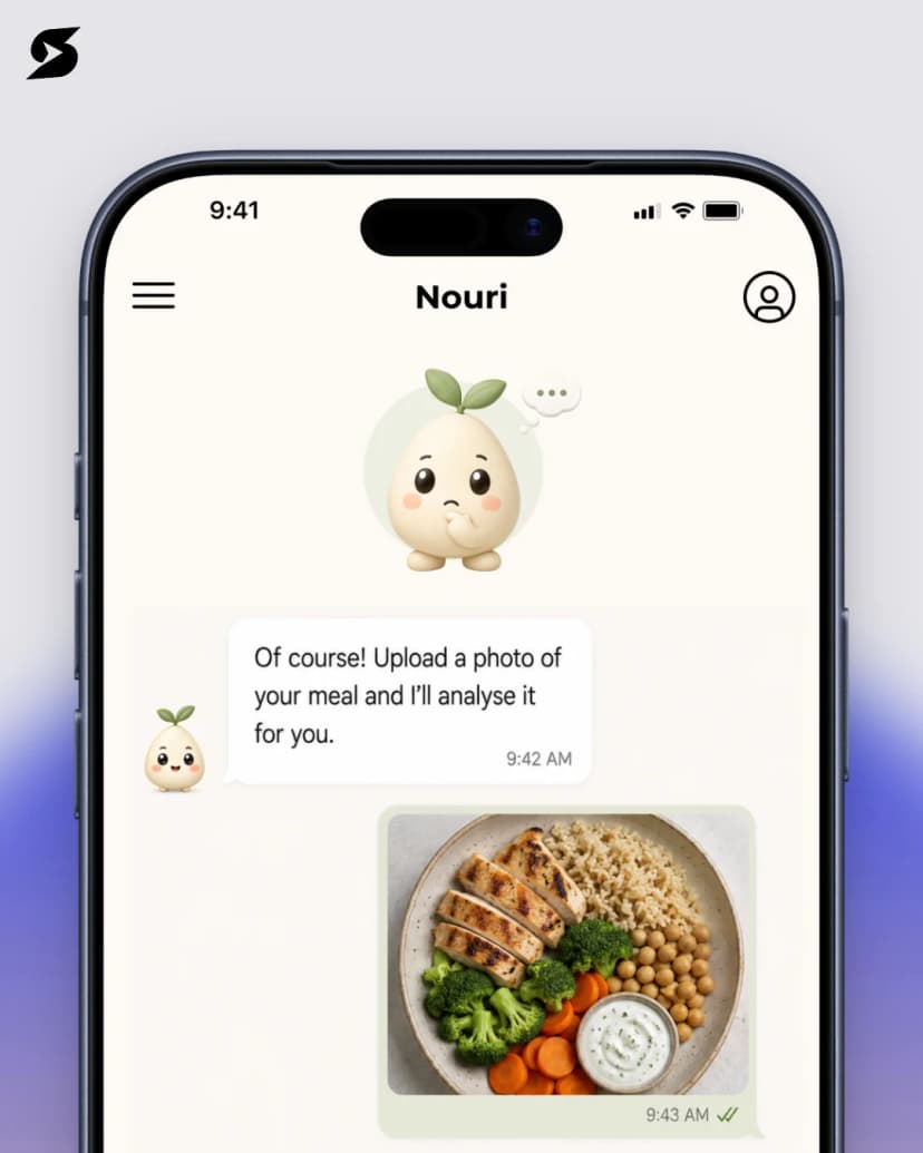 Nouri mobile app displaying an uploaded meal for AI nutrition analysis Nouri mobile app displaying an uploaded meal for AI nutrition analysis